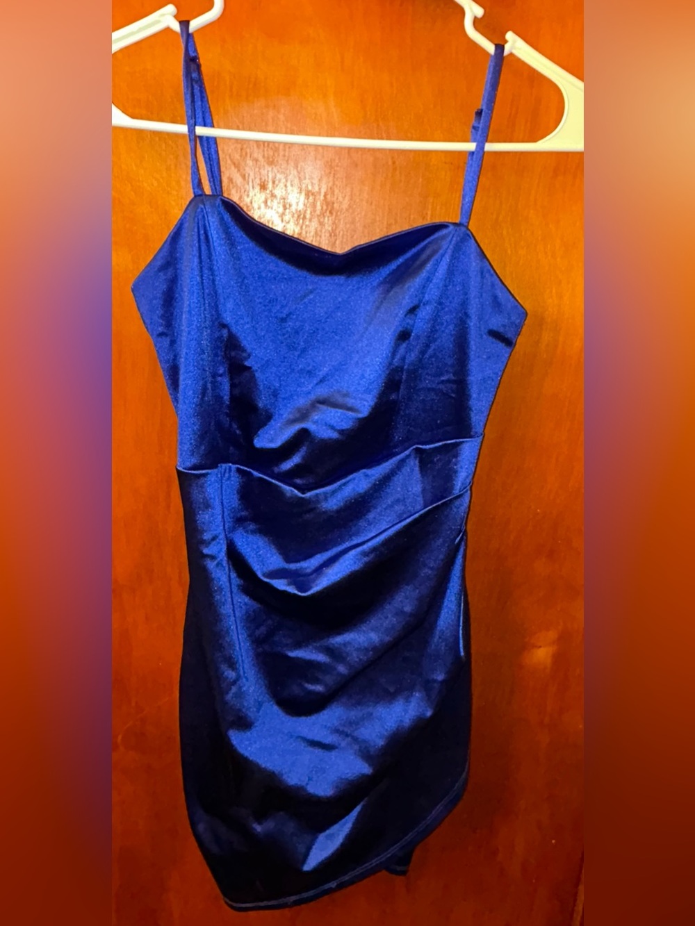 Honey and Rosie Satin Strapless Spaghetti Strap Dress in Royal Blue